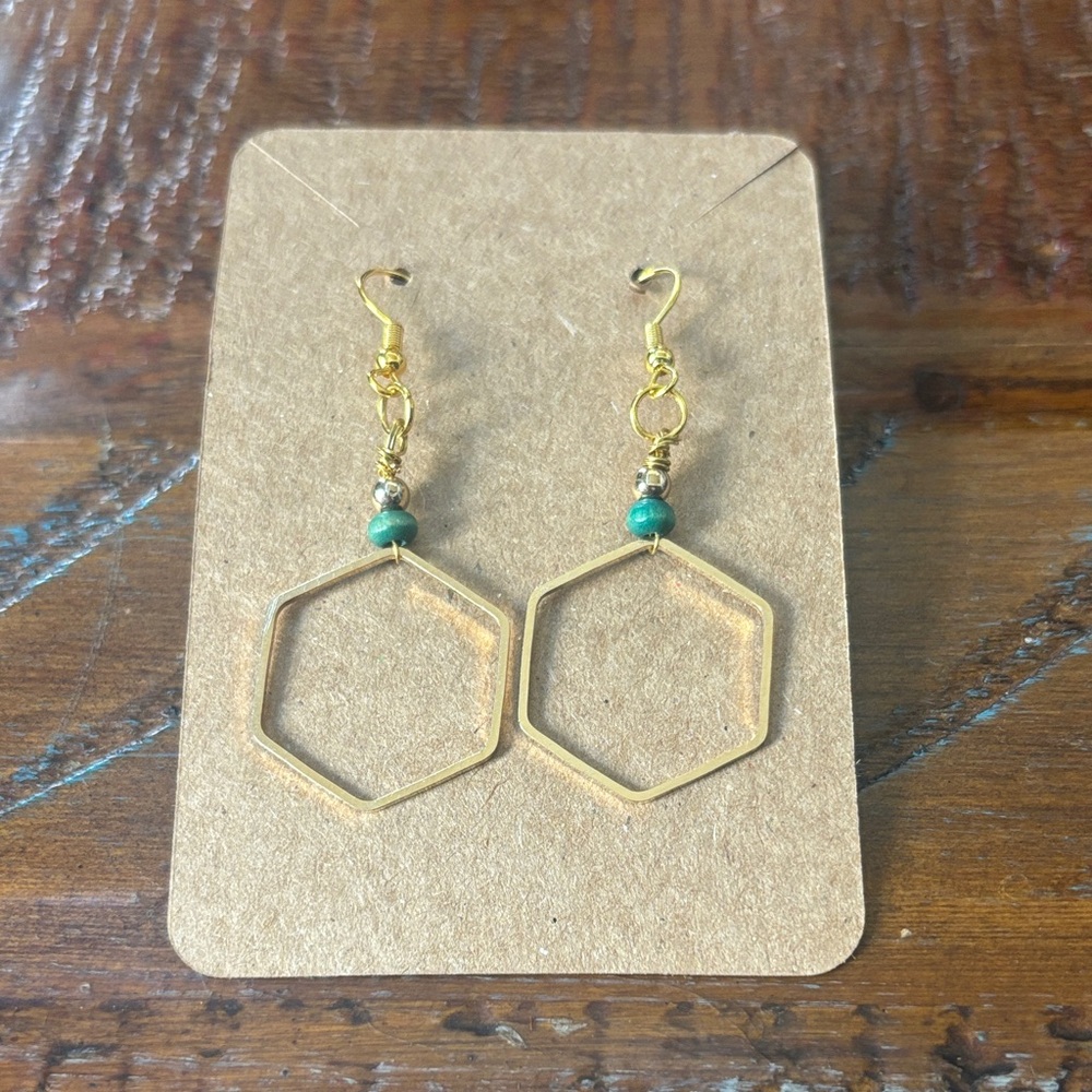 Gold Hexagon Earrings with Green Beads